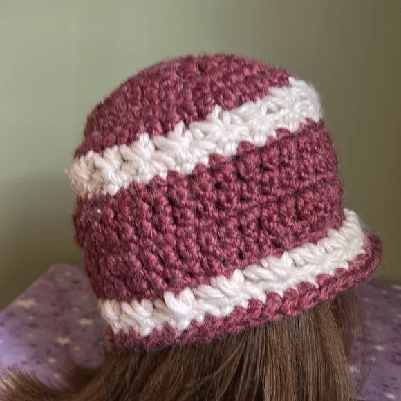 Handcrafted dark cherry Crochet Hat with Floral Accent medium extremely warm - Picture 4 of 10